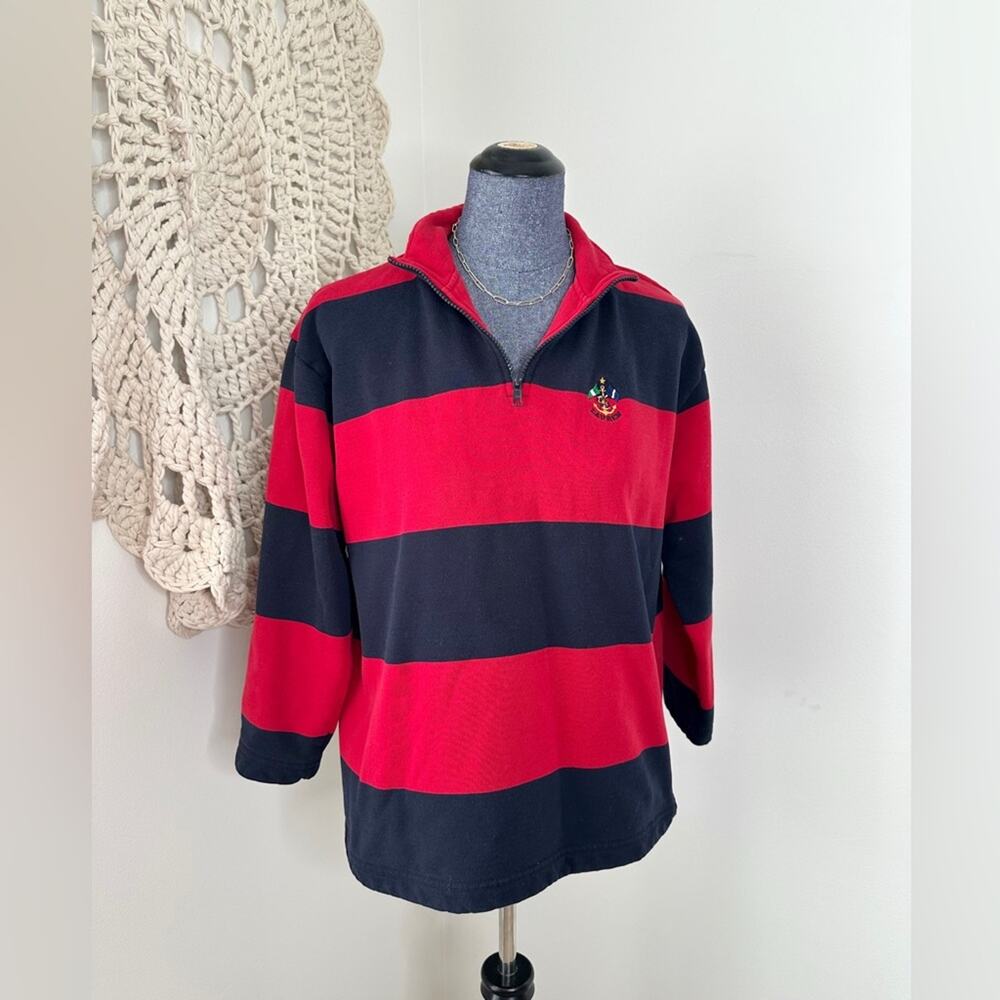 Lauren Ralph Lauren Red and Black Striped Rugby Style Zip Sweatshirt Medium